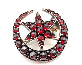 Antique Rose Cut Bohemian Garnet Crescent Moon Star Brooch in Gold Over Sterling Silver