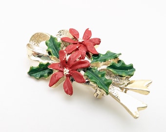Vintage Red & Green Enamel Poinsettia Flower Holiday Brooch Signed Gerrys