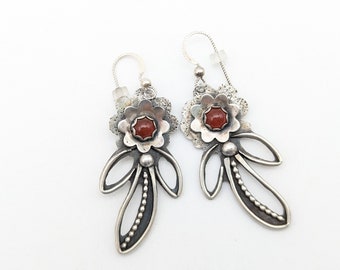 Vintage Sterling Silver Carnelian Flower Dangle Earrings
