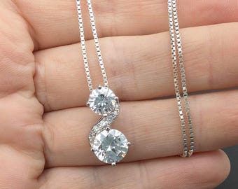 Sterling Silver & 5 Carat CZ Two-Stone Swirled Pendant Necklace - 18"