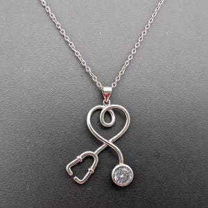 Vintage Sterling Silver Heart CZ Stethoscope Pendant Necklace - 18&quot;