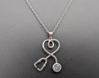 Vintage Sterling Silver Heart CZ Stethoscope Pendant Necklace - 18"