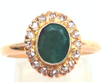 Antique Arabic 14K Gold Natural Emerald & Rose Cut Diamond Ring - Size 6.5, Resizeable