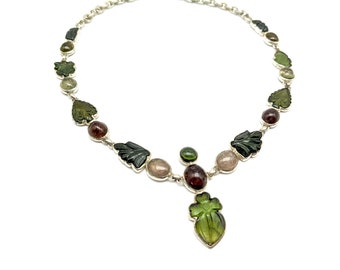 Vintage Sterling Silver & Carved Quartz Leaf Link Necklace  - 18"
