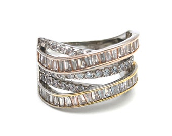 Vintage Gold, Rose Gold & Rhodium Plated CZ Sterling Silver Ring - Size 7