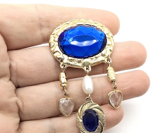 Vintage Gold Tone and Faux Pearl Blue Rhinestone Brooch
