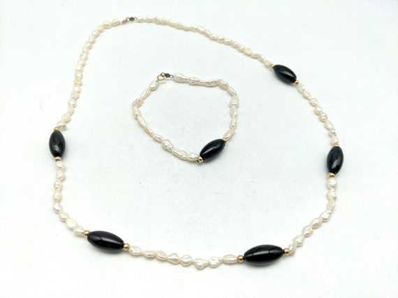 Vintage Rice Pearl, Black Onyx and 14k Gold Beade… - image 2