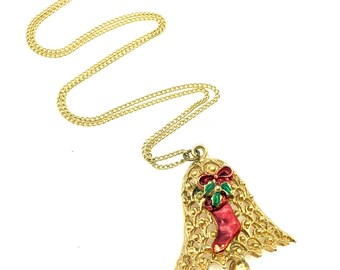 Gold, Red & Green Enamel Christmas Bell Necklace, Holiday Pendant