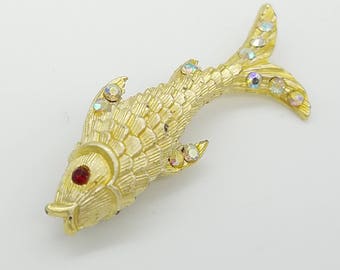 Vintage Gold-Tone & Aurora Borealis Rhinestone Asian Carp Fish Brooch