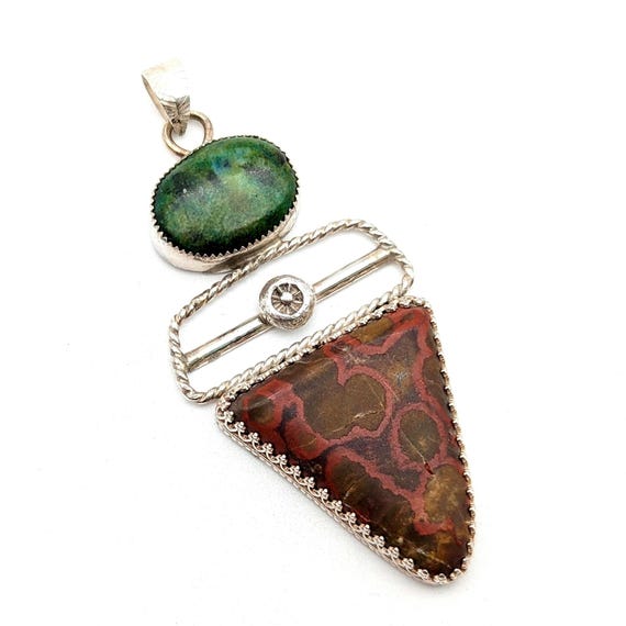 Artisan Sterling Silver, Poppy Jasper, Green Turquoise Pendant
