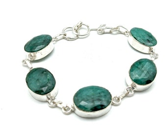 Vintage Natural Emerald & Sterling Silver Statement Bracelet - 6.5-7.5" Adjustable