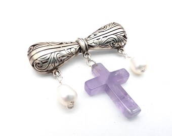 Sterling Silver, Amethyst & Pearl Dangle Bow Brooch Signed Jezlaine