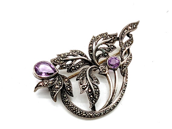 Vintage Amethyst, Sterling Silver & Marcasite Flo… - image 1