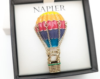 Vintage Rainbow Enamel Hot Air Balloon Brooch Signed Napier in Original Box