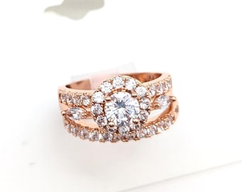 Old Stock Rose Gold Plated CZ Wedding Ring Set by Ashley Cooper - Size 8