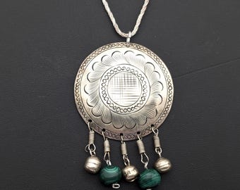 Vintage Sterling Silver & Malachite Beaded Dangle Pendant Necklace - 17"