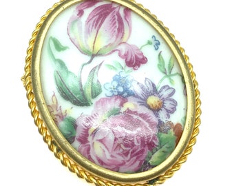 1930's French Porcelain Limoges Hand Painted Porcelain Floral Brooch