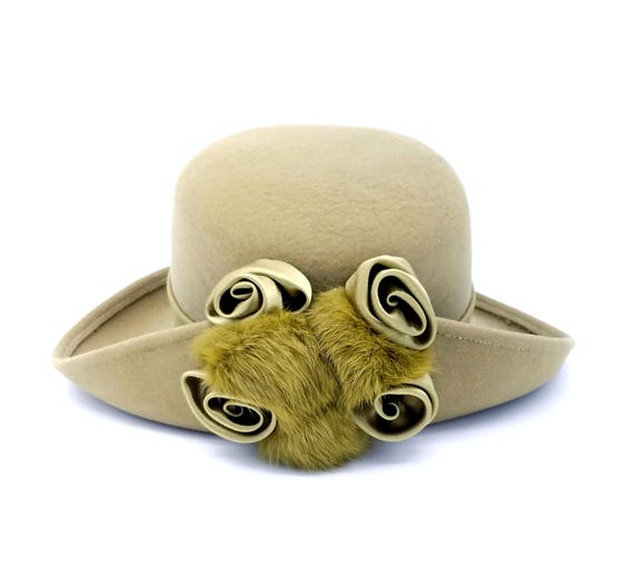 Moss Greet Felt Bowler Hat, Rabbit Fur & Satin Silk Roses  display picture 3