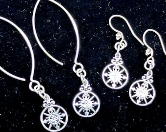 Sterling Silver CZ Compass Dangle Earrings; Compass Rose Charm, Star