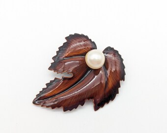 Vintage Brown Enamel & Faux Pearl Leaf Brooch