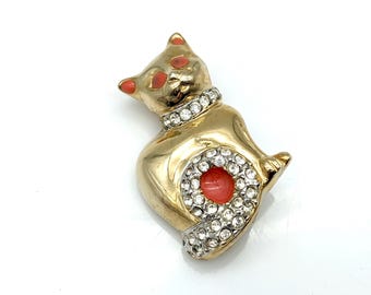 Vintage Rhinestone & Pink Enameled Gold Tone Cat Brooch Signed Pap - 1.25"