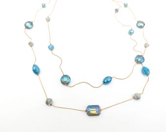 Old Stock Beaded Blue Crystal Necklace & Earrings Set