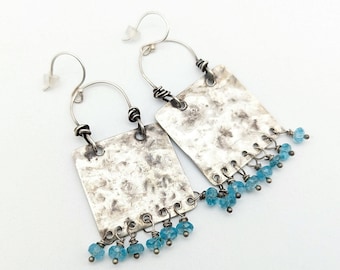 Artisan Blue Apatite & Hammered Sterling Silver Dangle Estate Earrings