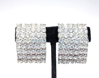 Large Rectangular Pave Rhinestone Clip Earrings - 1.5"