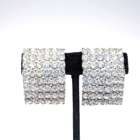 Large Rectangular Pave Rhinestone Clip Earrings -… - image 1