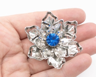 Vintage Blue Rhinestone & Silver Tone Flower Brooch - 2"