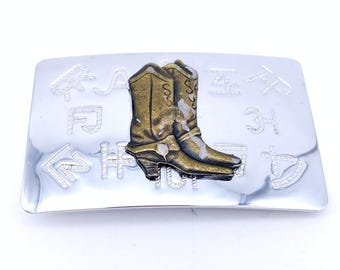 Vintage Silver & Brass Cowboy Boots and Brands  Design Belt Buckle Marked Chambers Belt Co.