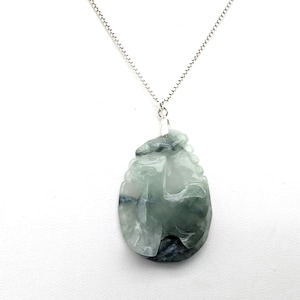 Sterling Silver & Carved Jade Chinese Zodiac Ram/Sheep Pendant Necklace - 20&quot;