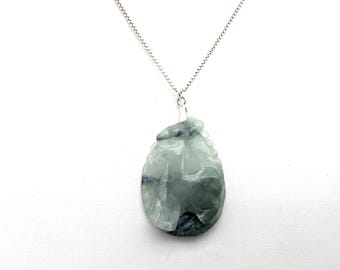 Sterling Silver & Carved Jade Chinese Zodiac Ram/Sheep Pendant Necklace - 20"