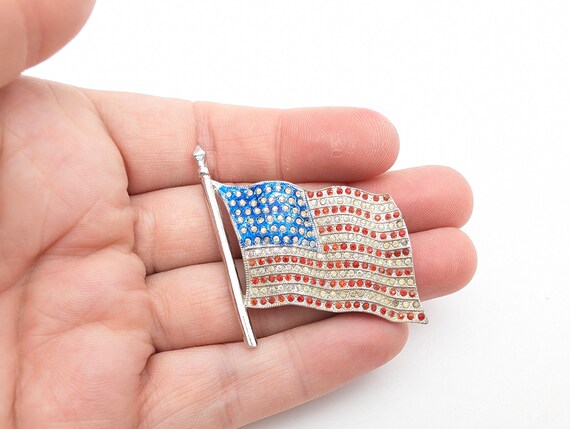 Vintage Rhinestone American Flag Brooch - 1.5" - image 2