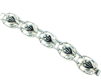 Heavy Sterling Silver Floral Link Bracelet - 7.25"