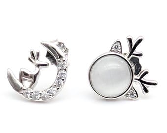 Sterling Silver Reindeer & Moon CZ Stud Earrings, Matched or Mismatched