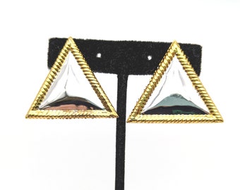 Vintage Sterling Silver Large Triangle Clip Earrings With Gold Vermeil