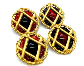 Vintage Oversized Lucite & Gold Lattice Clip Earrings in Red or Black