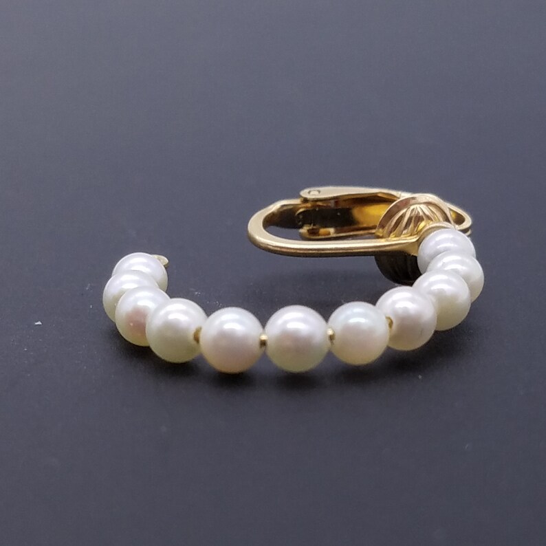 14K Yellow Gold /& Cultured Pearl Half Hoop Clip Estate Earrings 4g 1