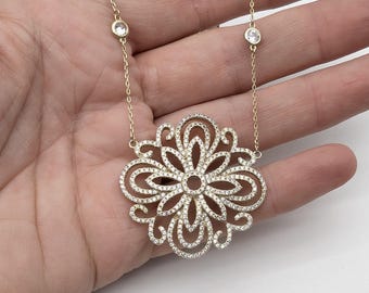 14k Gold Vermeil Sterling Silver & CZ Filigree Pendant Necklace - 15.5-17.5"