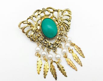 Vintage Gold Tone Faux Jade & Pearl Feather Dangle Filigree Brooch - 2.25"