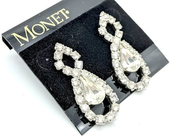 Vintage Monet Silver Tone & Rhinestone Dangle Earrings