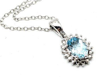 Sterling Silver, Blue Topaz & Diamond Pendant Necklace - 18"