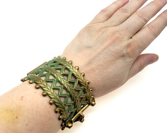 Heavy Vintage Solid Brass, Green Enameled Hinged Bracelet