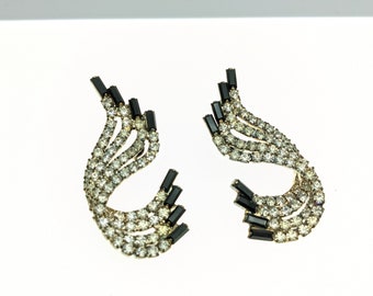 Vintage Silver Tone & Black and White Rhinestone Swirl Prom / Wedding Earrings