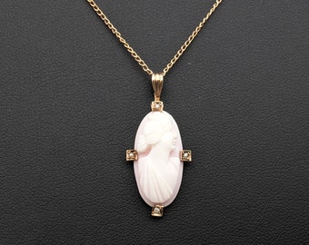 Antique 10k Rose Gold Carved Shell Cameo & Seed Pearl Pendant Necklace - 15"