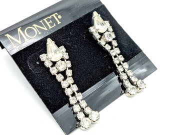 Vintage Monet Silver Tone & Rhinestone Dangle Earrings