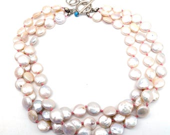 Triple Strand Sterling Silver & Pink Coin Pearl Choker, Adjustable Clasp - 15-17"