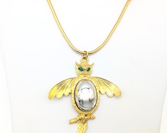 Rare Signed Hattie Carnegie Gold & Silver Plated Owl Pendant Necklace - 18.5"