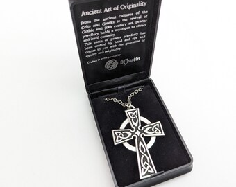 Vintage St. Justin Pewter Celtic Cross Pendant Necklace in Original Box